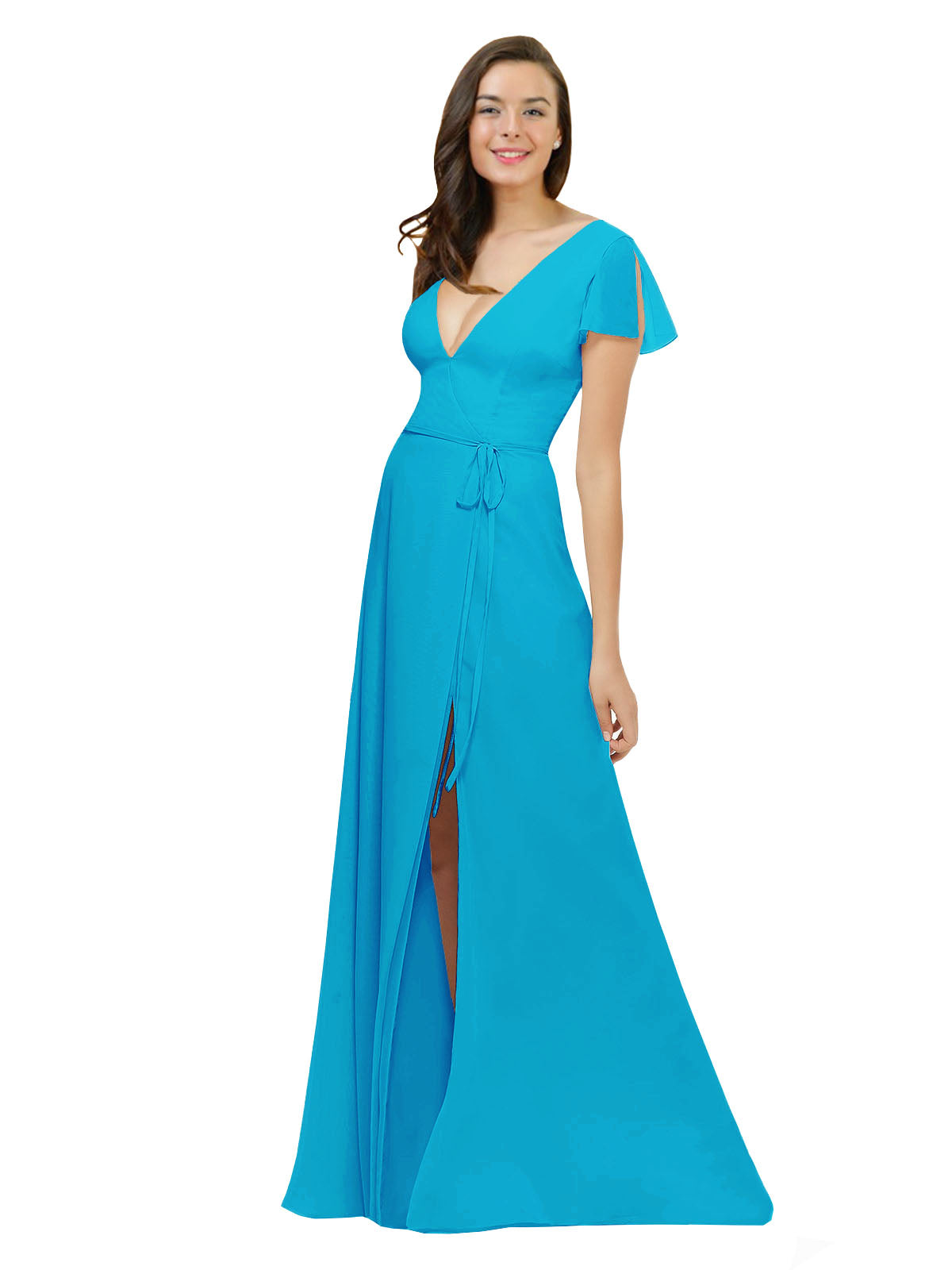 Turquoise A-Line V-Neck Cap Sleeves Long Bridesmaid Dress Dayna