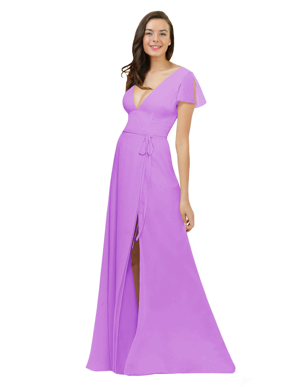 Violet A-Line V-Neck Cap Sleeves Long Bridesmaid Dress Dayna