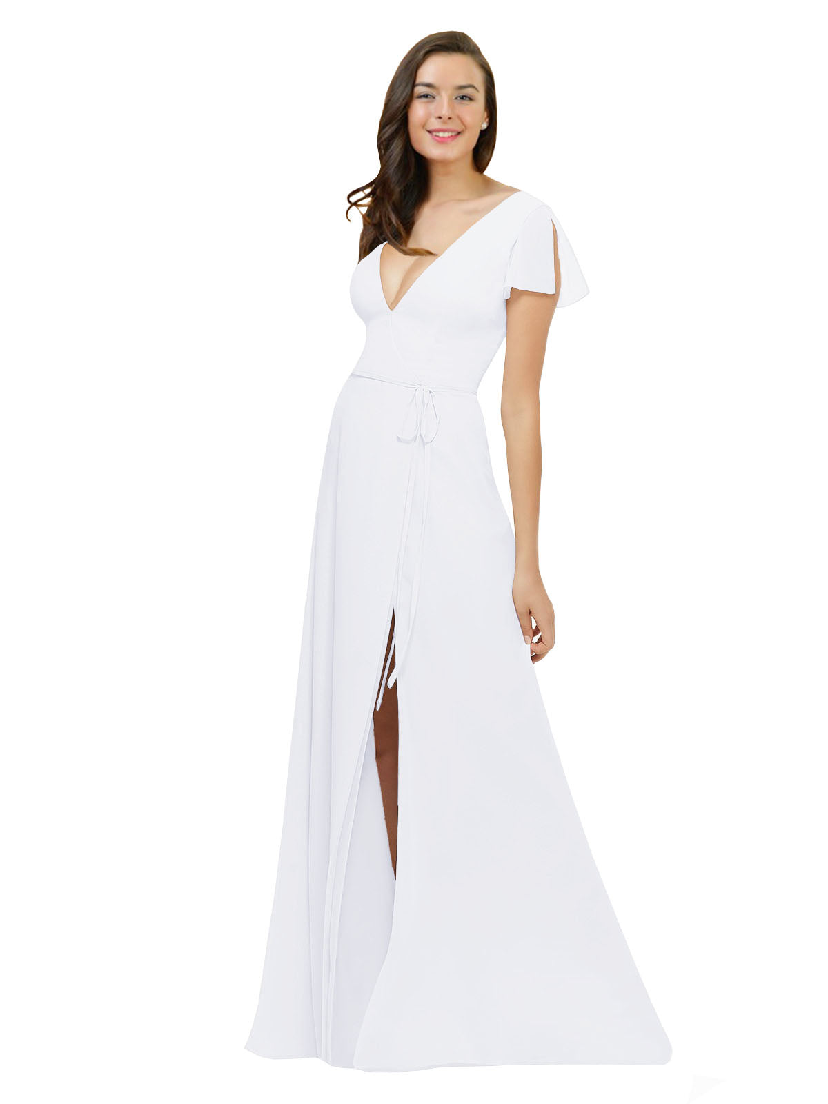 White A-Line V-Neck Cap Sleeves Long Bridesmaid Dress Dayna