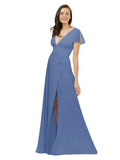 Windsor Blue A-Line V-Neck Cap Sleeves Long Bridesmaid Dress Dayna
