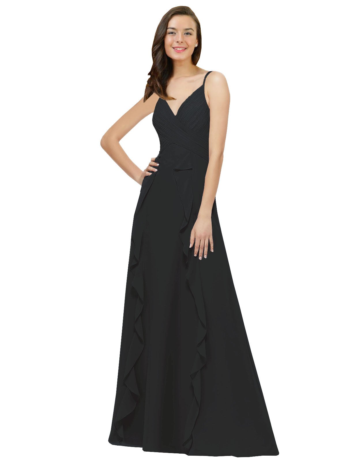 Black A-Line Spaghetti Straps V-Neck Sleeveless Long Bridesmaid Dress Cristine