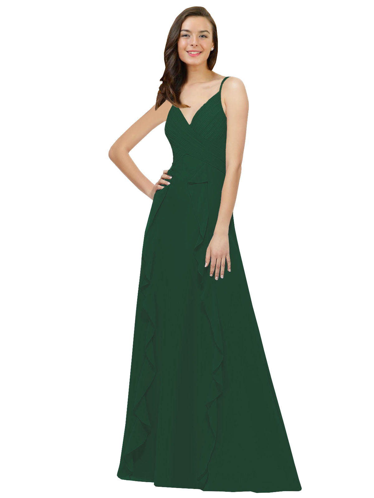 Dark Green A-Line Spaghetti Straps V-Neck Sleeveless Long Bridesmaid Dress Cristine