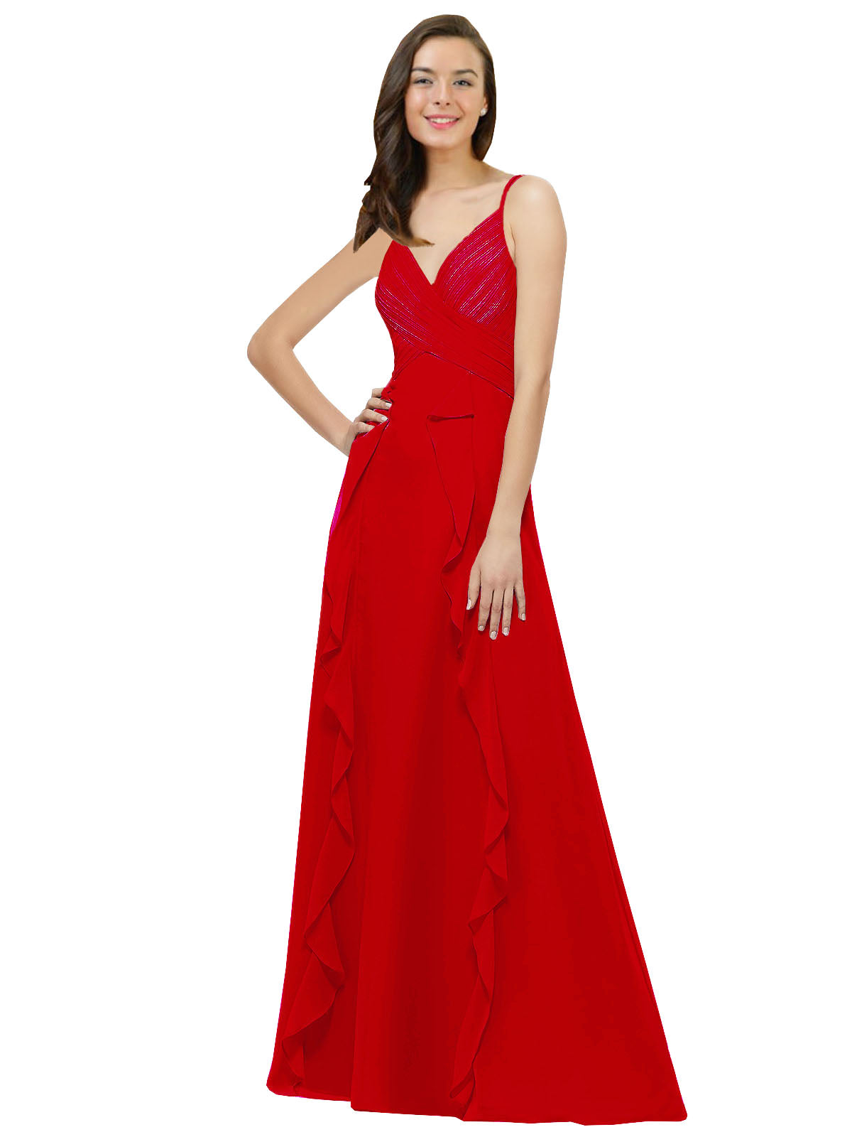 Dark Red A-Line Spaghetti Straps V-Neck Sleeveless Long Bridesmaid Dress Cristine