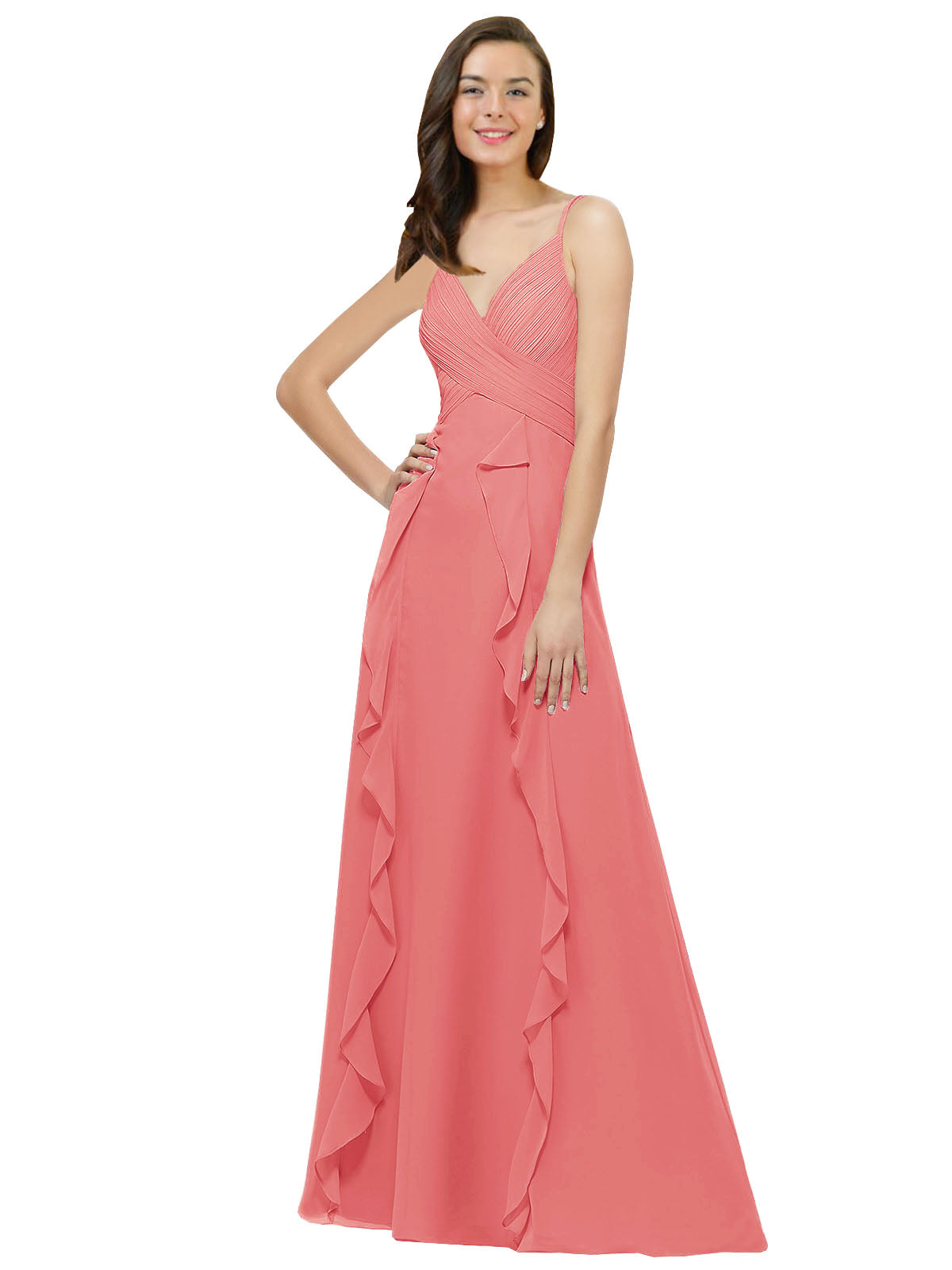 Desert Rose A-Line Spaghetti Straps V-Neck Sleeveless Long Bridesmaid Dress Cristine