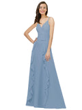 Dusty Blue A-Line Spaghetti Straps V-Neck Sleeveless Long Bridesmaid Dress Cristine