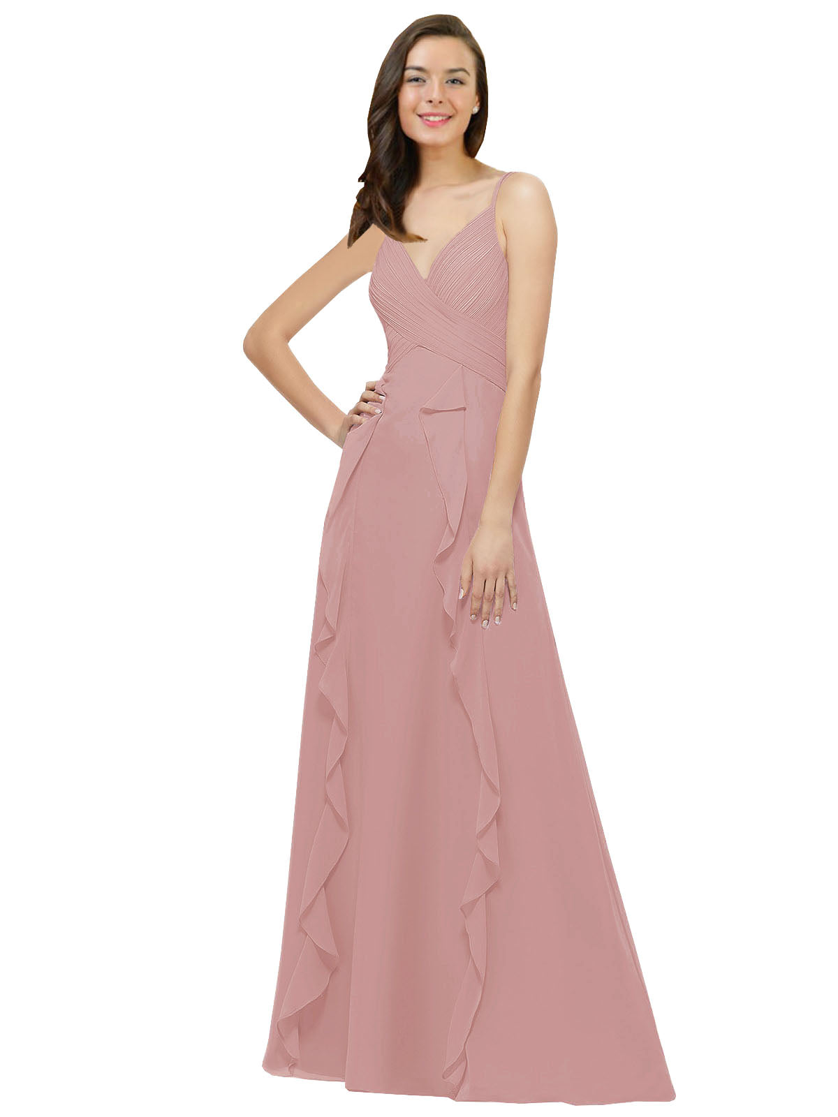 Dusty Pink A-Line Spaghetti Straps V-Neck Sleeveless Long Bridesmaid Dress Cristine