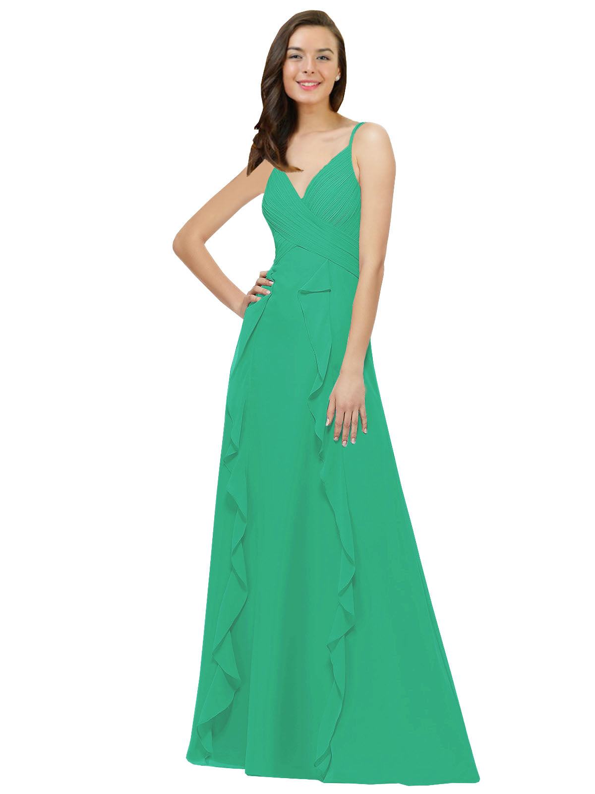 Emerald Green A-Line Spaghetti Straps V-Neck Sleeveless Long Bridesmaid Dress Cristine