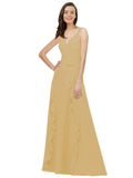 Gold A-Line Spaghetti Straps V-Neck Sleeveless Long Bridesmaid Dress Cristine