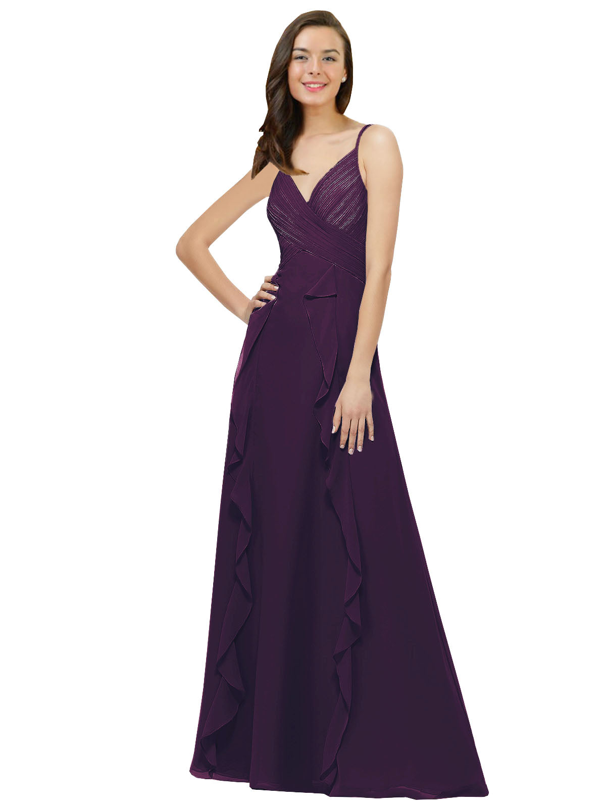 Grape A-Line Spaghetti Straps V-Neck Sleeveless Long Bridesmaid Dress Cristine