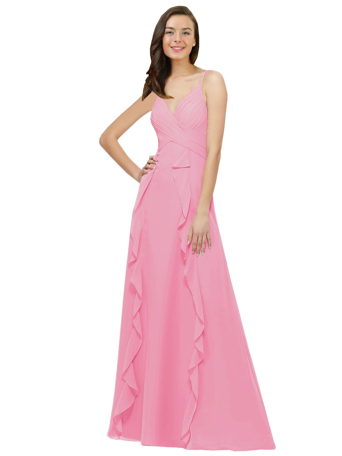 Hot Pink A-Line Spaghetti Straps V-Neck Sleeveless Long Bridesmaid Dress Cristine