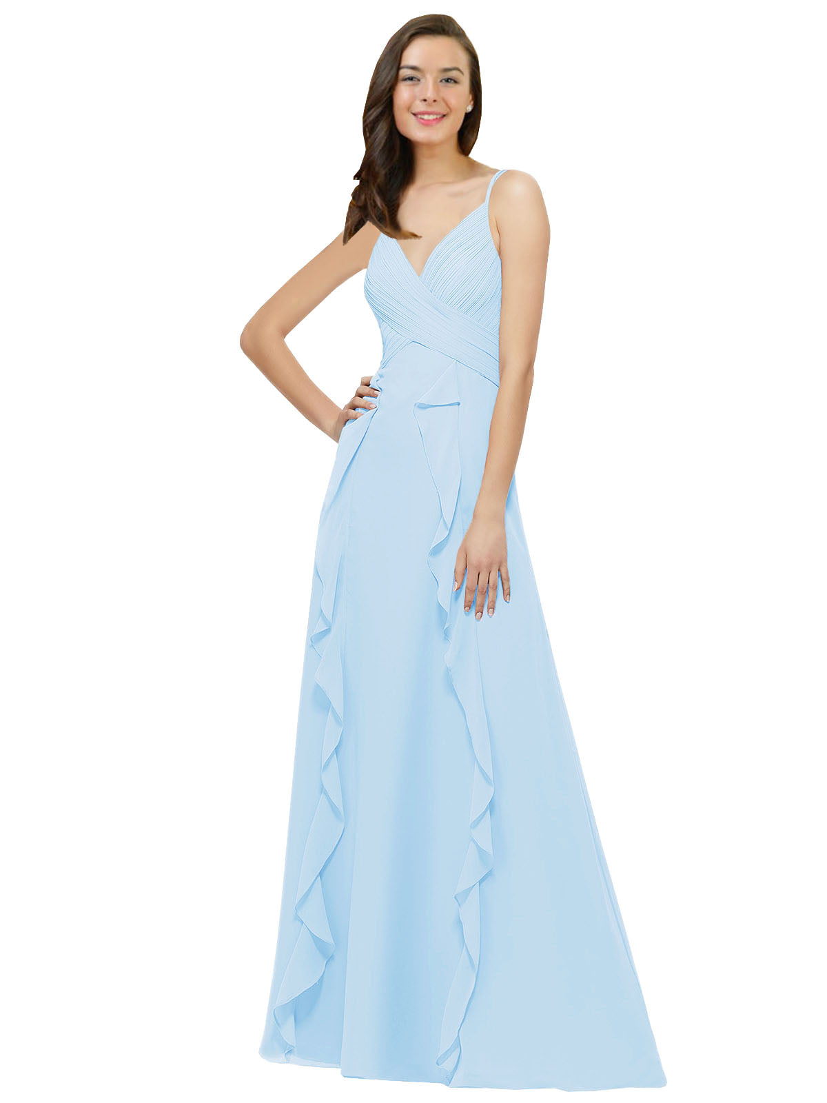 Light Sky Blue A-Line Spaghetti Straps V-Neck Sleeveless Long Bridesmaid Dress Cristine