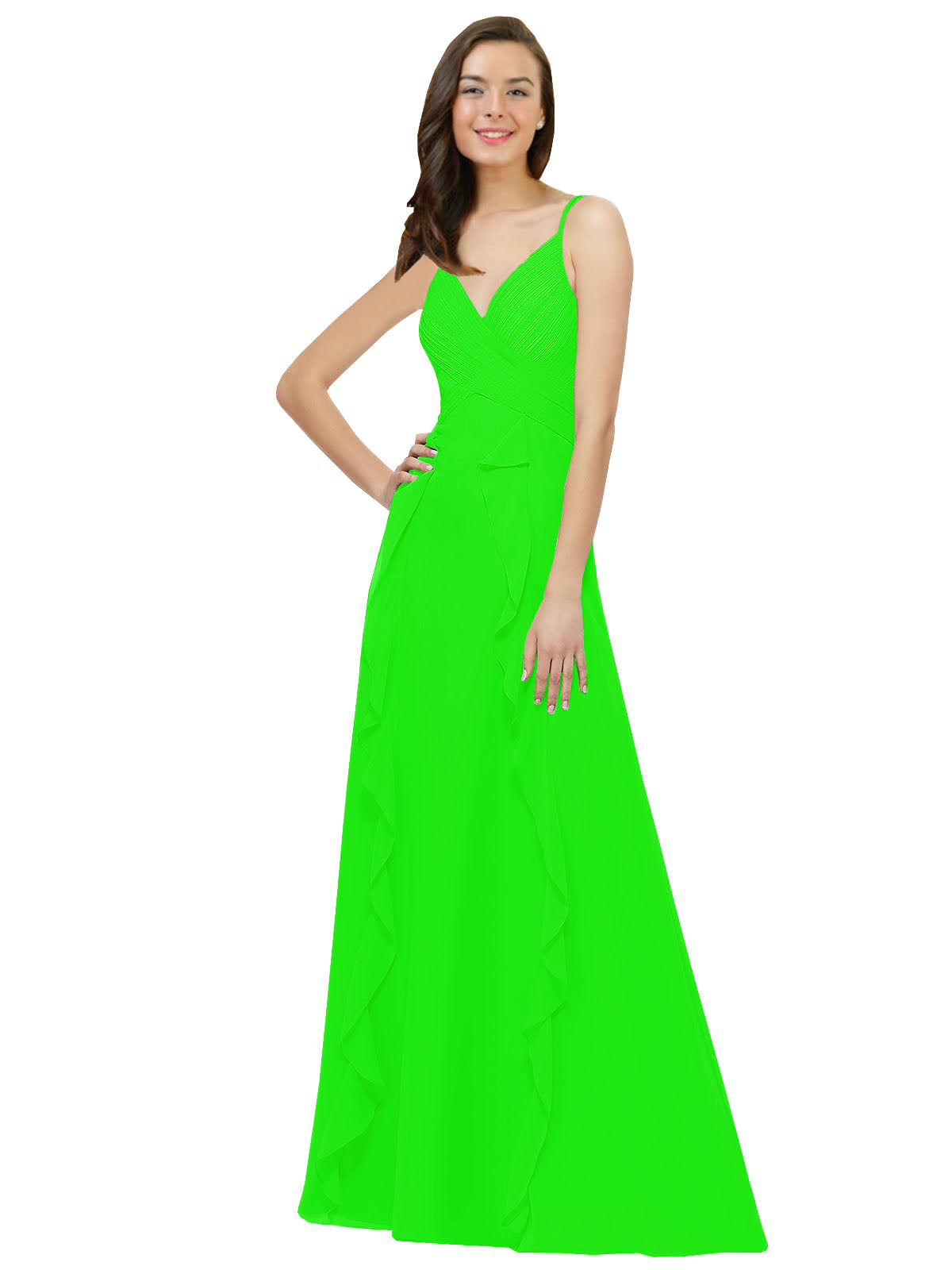 Lime Green A-Line Spaghetti Straps V-Neck Sleeveless Long Bridesmaid Dress Cristine