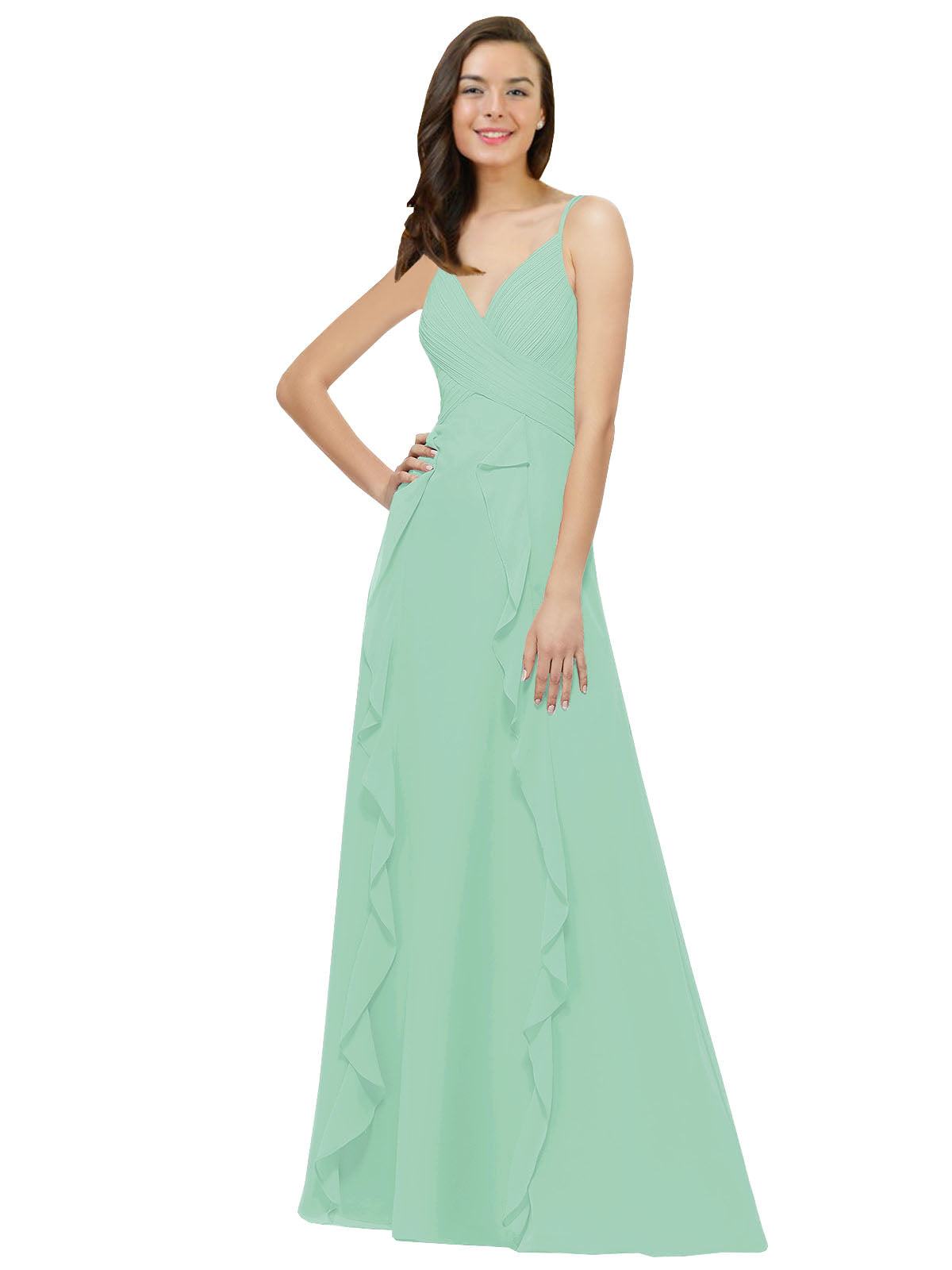 Mint Green A-Line Spaghetti Straps V-Neck Sleeveless Long Bridesmaid Dress Cristine