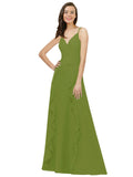 Olive Green A-Line Spaghetti Straps V-Neck Sleeveless Long Bridesmaid Dress Cristine
