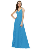 Peacock Blue A-Line Spaghetti Straps V-Neck Sleeveless Long Bridesmaid Dress Cristine