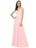 Pink A-Line Spaghetti Straps V-Neck Sleeveless Long Bridesmaid Dress Cristine