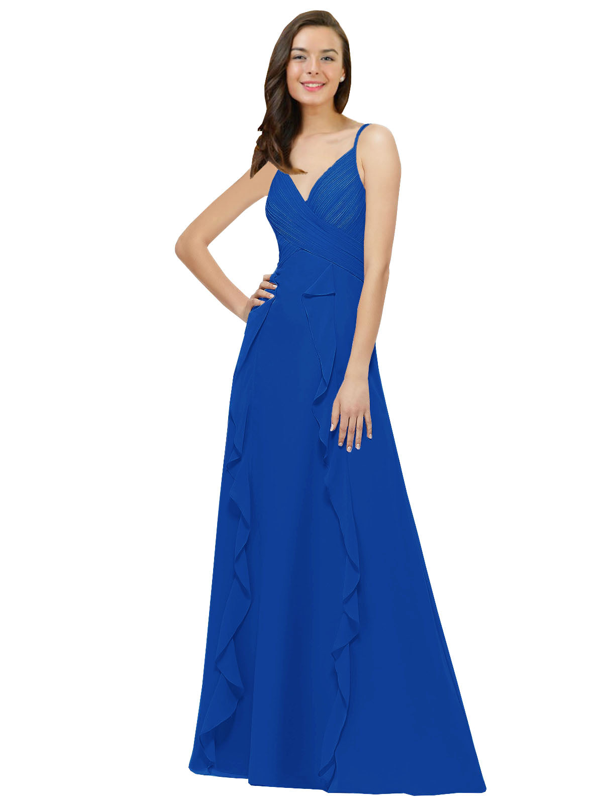 Royal Blue A-Line Spaghetti Straps V-Neck Sleeveless Long Bridesmaid Dress Cristine