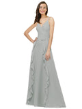 Silver A-Line Spaghetti Straps V-Neck Sleeveless Long Bridesmaid Dress Cristine