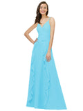 Sky Blue A-Line Spaghetti Straps V-Neck Sleeveless Long Bridesmaid Dress Cristine