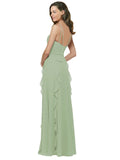 RightBrides Cristine Smoke Green A-Line Spaghetti Straps V-Neck Sleeveless Long Bridesmaid Dress
