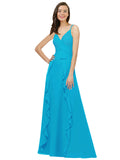 Turquoise A-Line Spaghetti Straps V-Neck Sleeveless Long Bridesmaid Dress Cristine