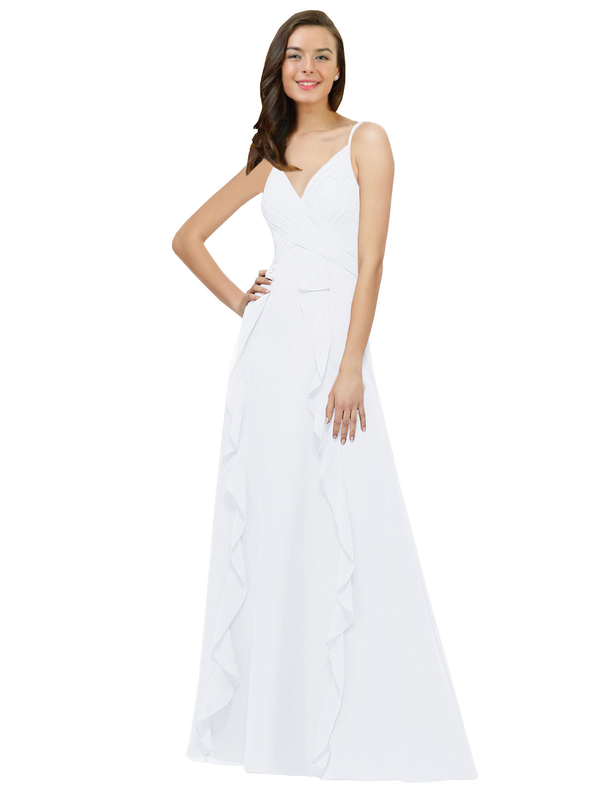 White A-Line Spaghetti Straps V-Neck Sleeveless Long Bridesmaid Dress Cristine