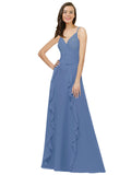 Windsor Blue A-Line Spaghetti Straps V-Neck Sleeveless Long Bridesmaid Dress Cristine