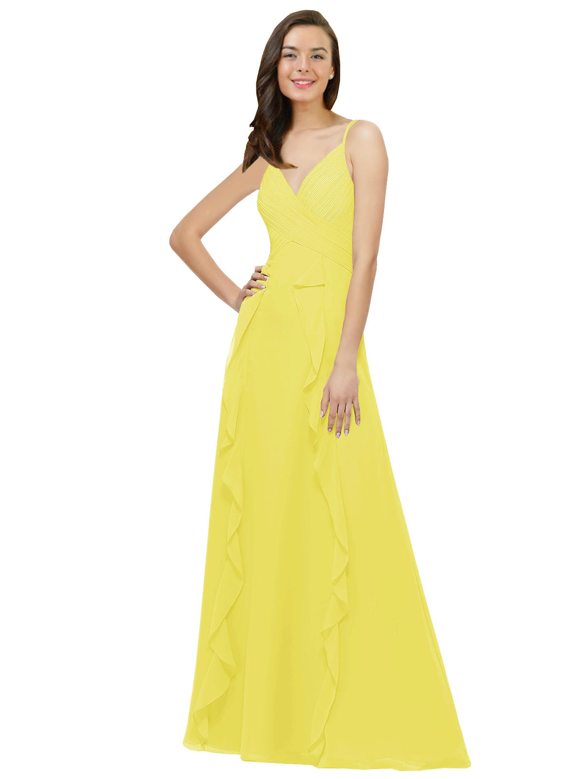 Yellow A-Line Spaghetti Straps V-Neck Sleeveless Long Bridesmaid Dress Cristine
