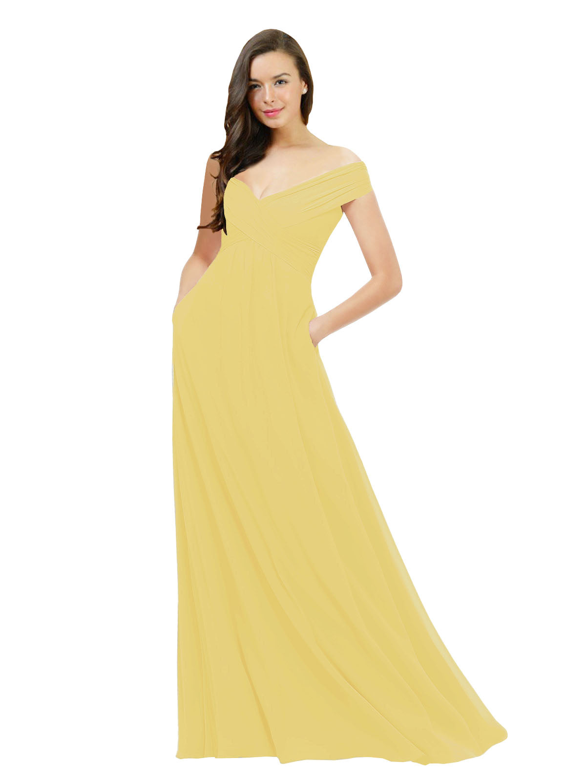 Daffodil A-Line Off the Shoulder Sleeveless Long Bridesmaid Dress Jonila