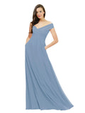 Dusty Blue A-Line Off the Shoulder Sleeveless Long Bridesmaid Dress Jonila