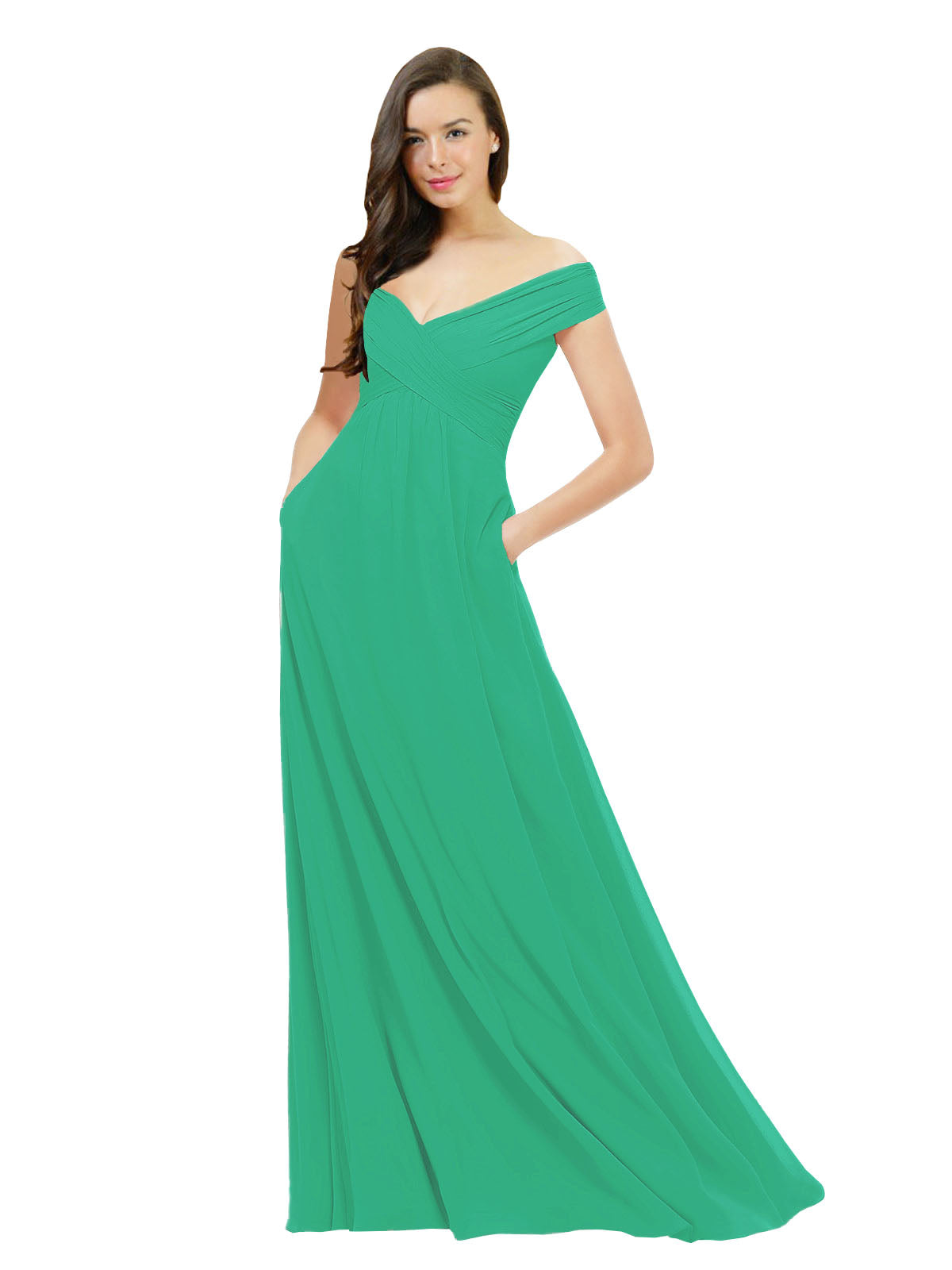 Emerald Green A-Line Off the Shoulder Sleeveless Long Bridesmaid Dress Jonila
