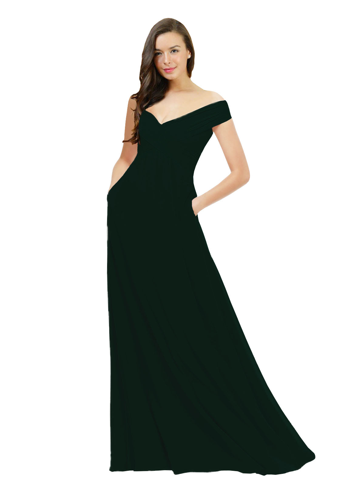 Ever Green A-Line Off the Shoulder Sleeveless Long Bridesmaid Dress Jonila