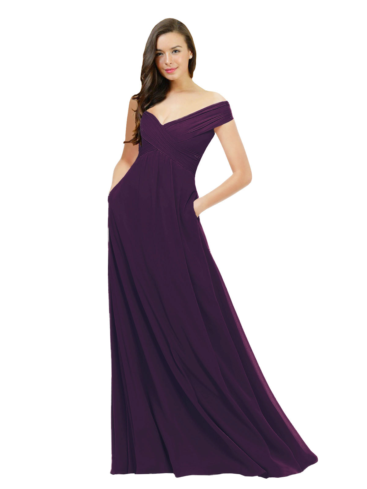 Grape A-Line Off the Shoulder Sleeveless Long Bridesmaid Dress Jonila