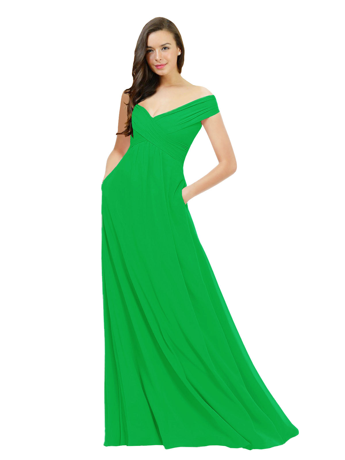 Green A-Line Off the Shoulder Sleeveless Long Bridesmaid Dress Jonila