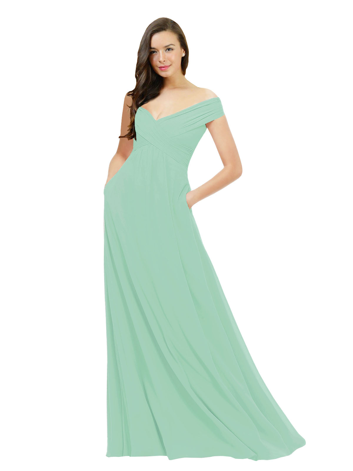 Mint Green A-Line Off the Shoulder Sleeveless Long Bridesmaid Dress Jonila