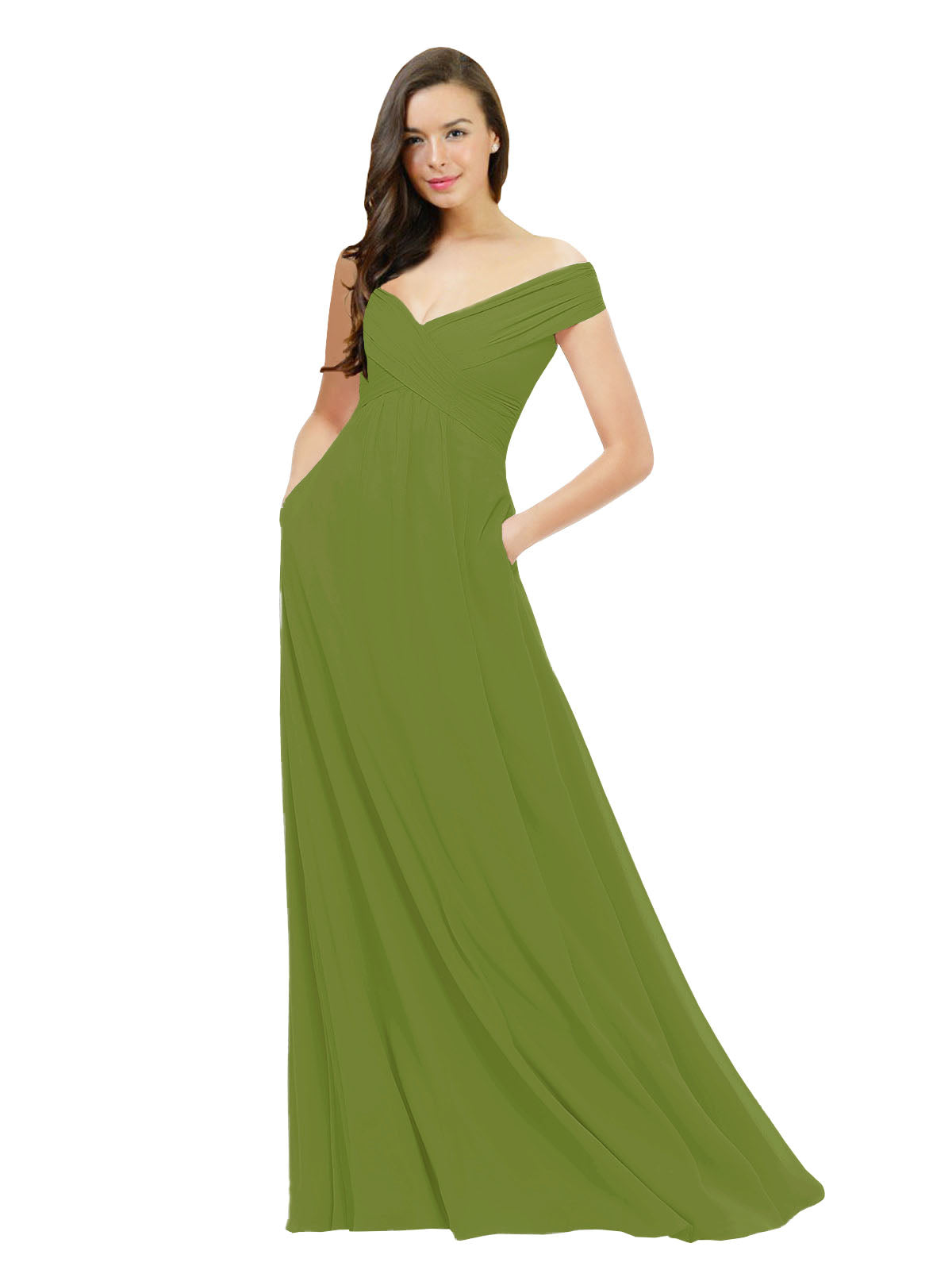 Olive Green A-Line Off the Shoulder Sleeveless Long Bridesmaid Dress Jonila
