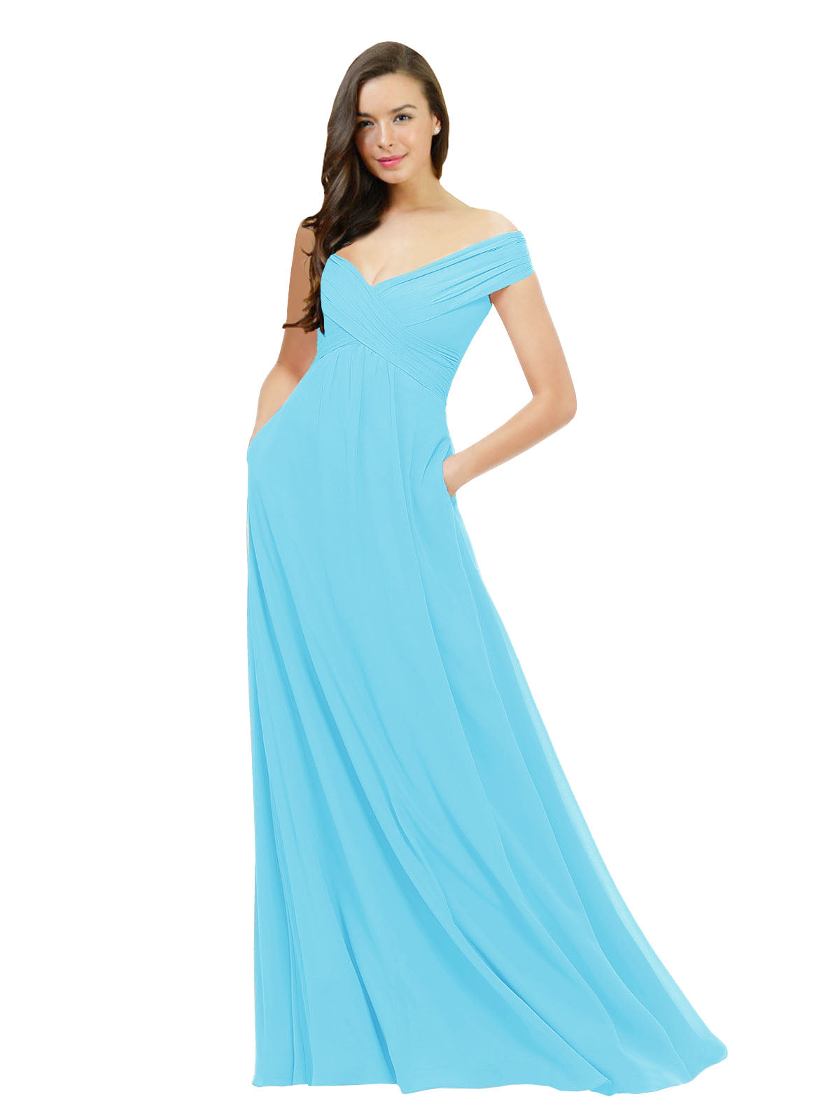 Sky Blue A-Line Off the Shoulder Sleeveless Long Bridesmaid Dress Jonila