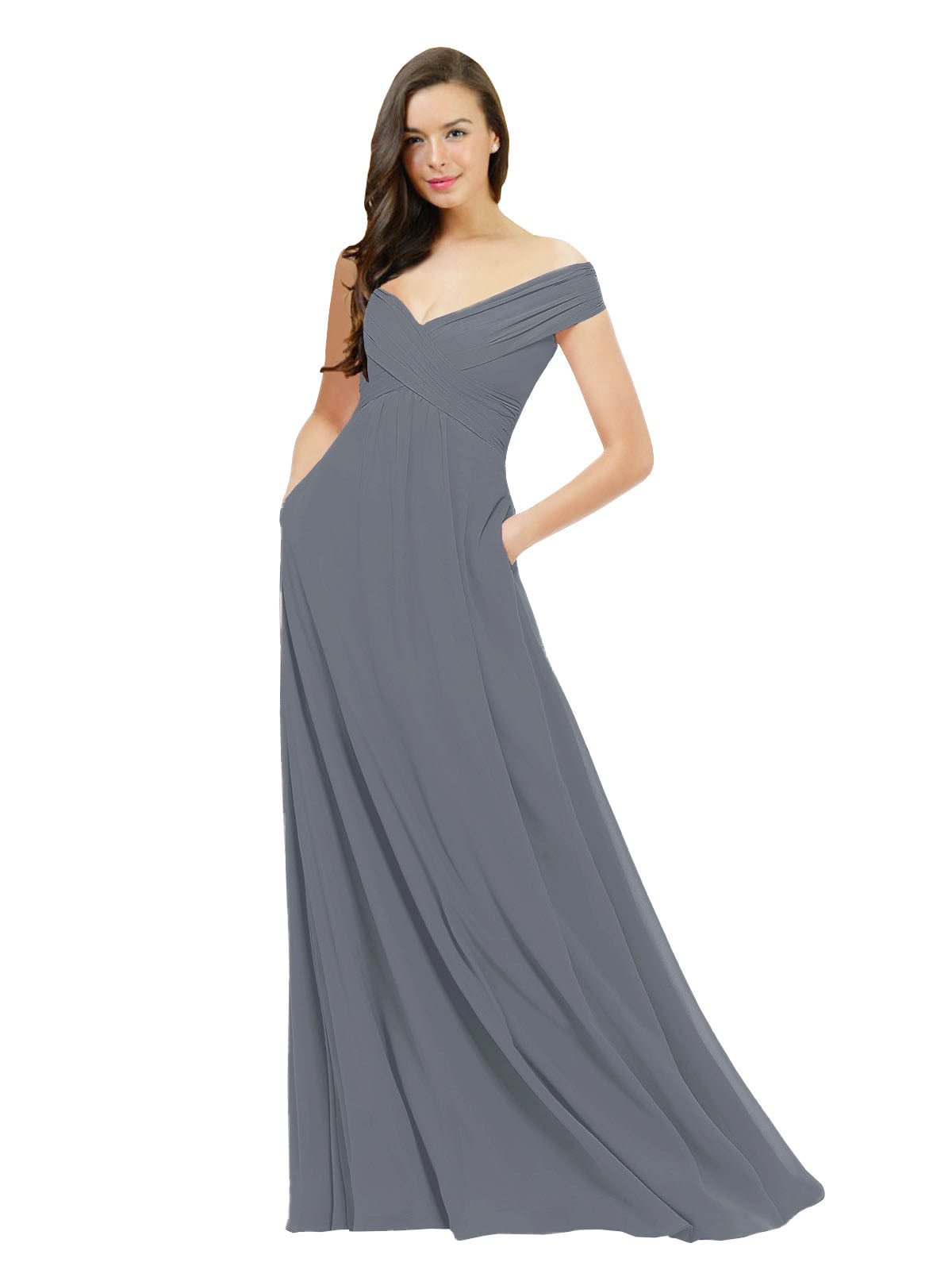 Slate Grey A-Line Off the Shoulder Sleeveless Long Bridesmaid Dress Jonila
