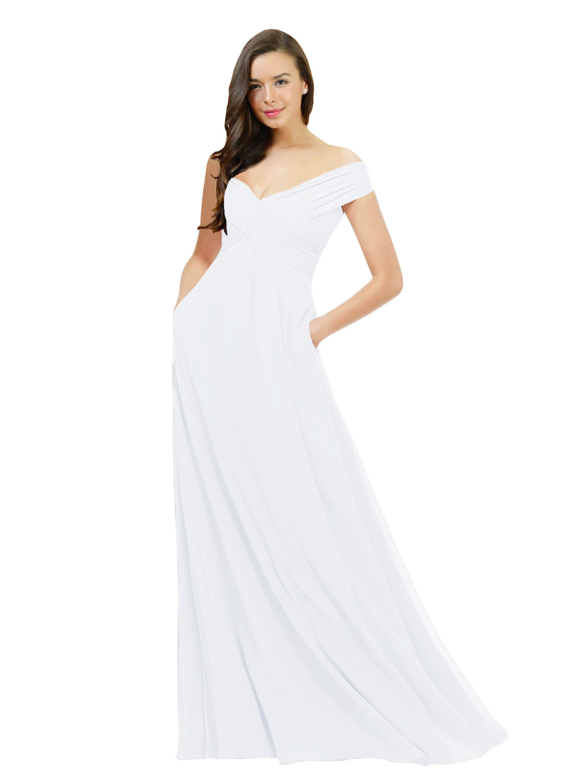 White A-Line Off the Shoulder Sleeveless Long Bridesmaid Dress Jonila