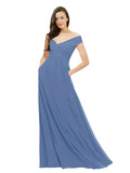 Windsor Blue A-Line Off the Shoulder Sleeveless Long Bridesmaid Dress Jonila