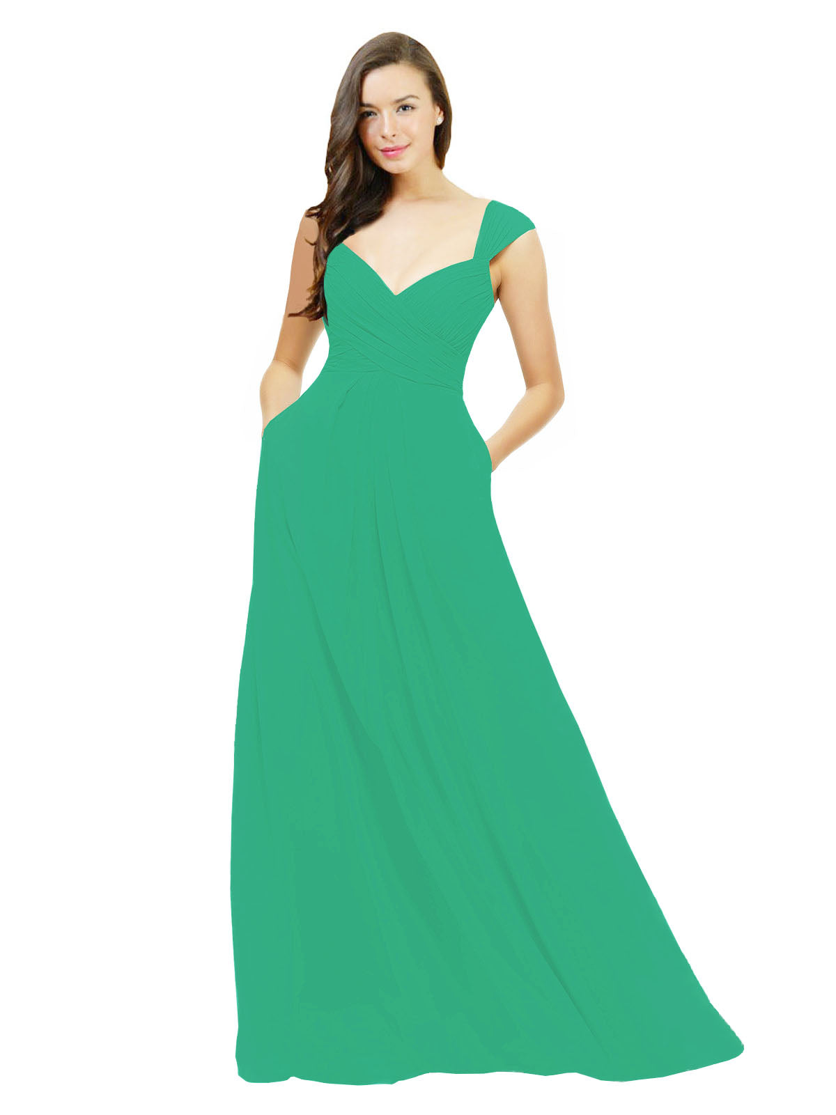 Emerald Green A-Line Sweetheart V-Neck Sleeveless Long Bridesmaid Dress Gary