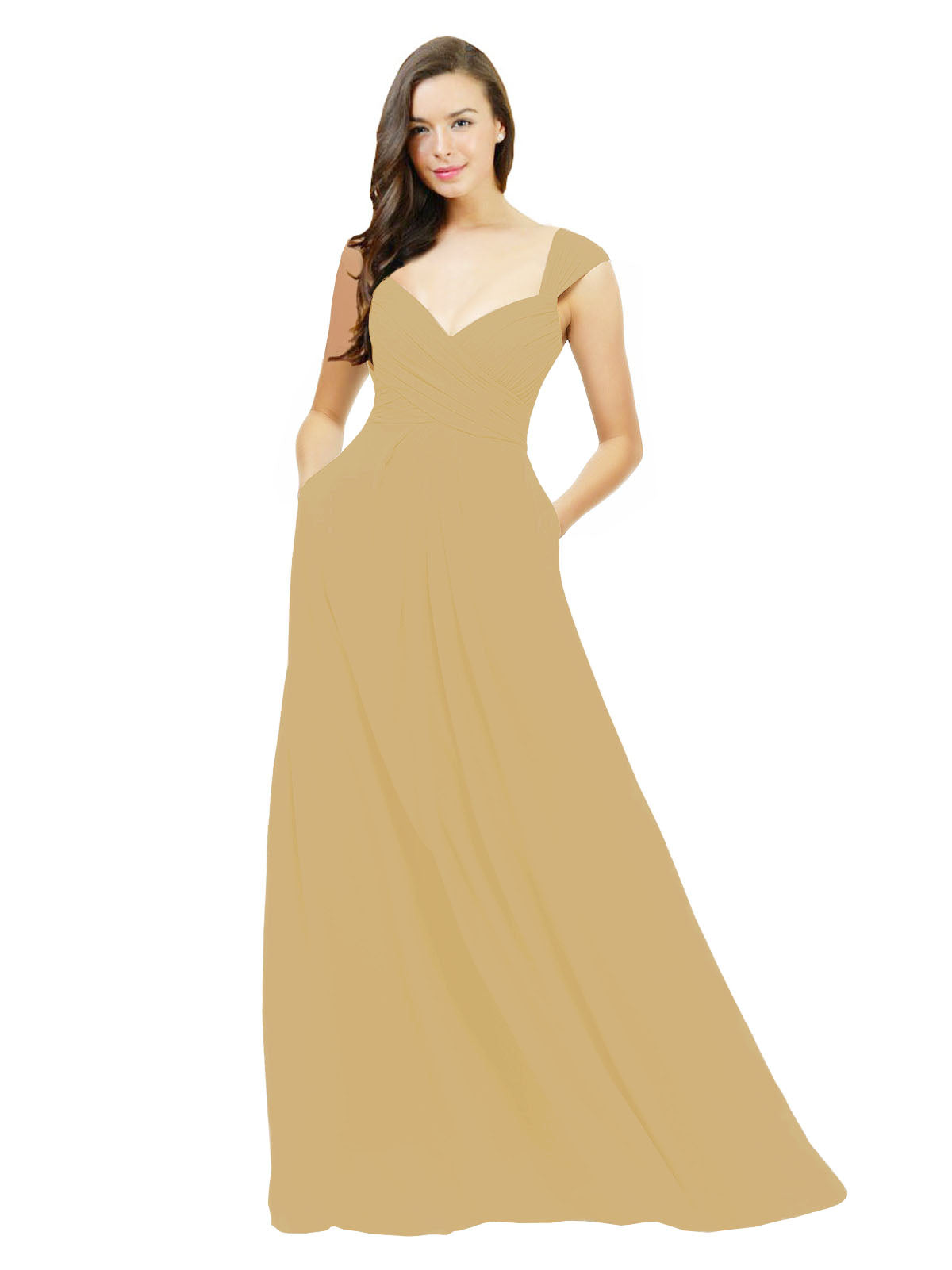Gold A-Line Sweetheart V-Neck Sleeveless Long Bridesmaid Dress Gary