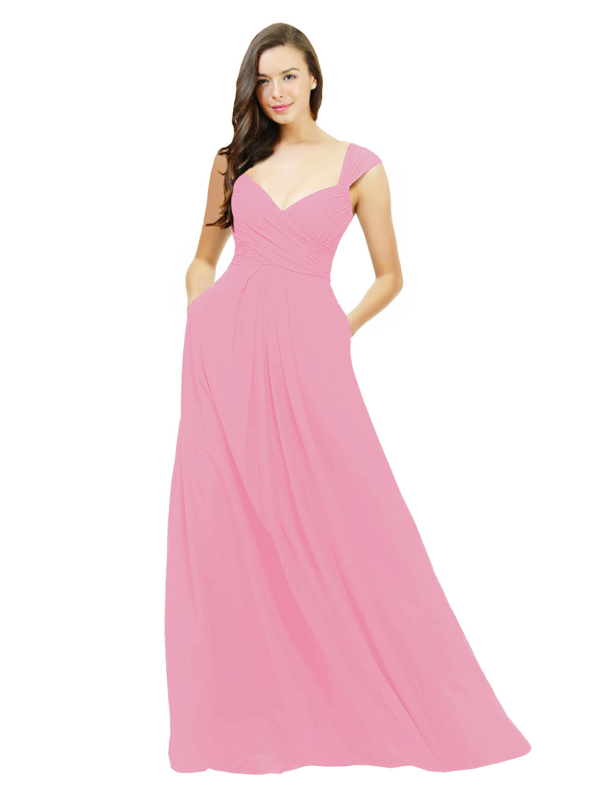 Hot Pink A-Line Sweetheart V-Neck Sleeveless Long Bridesmaid Dress Gary