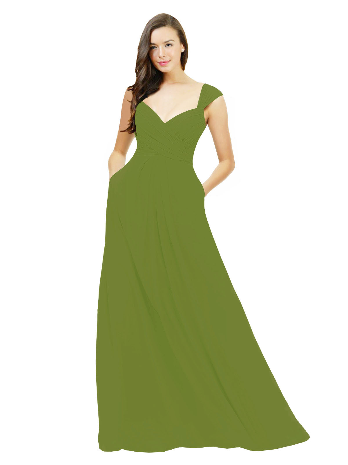 Olive Green A-Line Sweetheart V-Neck Sleeveless Long Bridesmaid Dress Gary