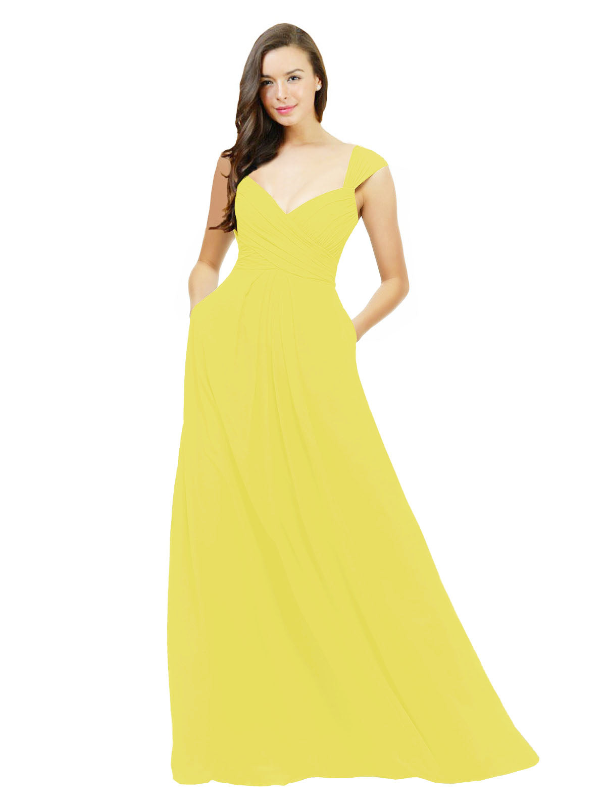 Yellow A-Line Sweetheart V-Neck Sleeveless Long Bridesmaid Dress Gary