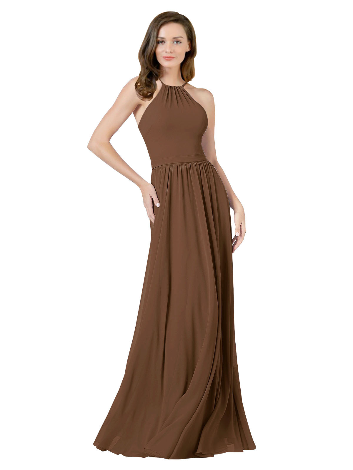 Brown A-Line Halter Sleeveless Long Bridesmaid Dress Anum