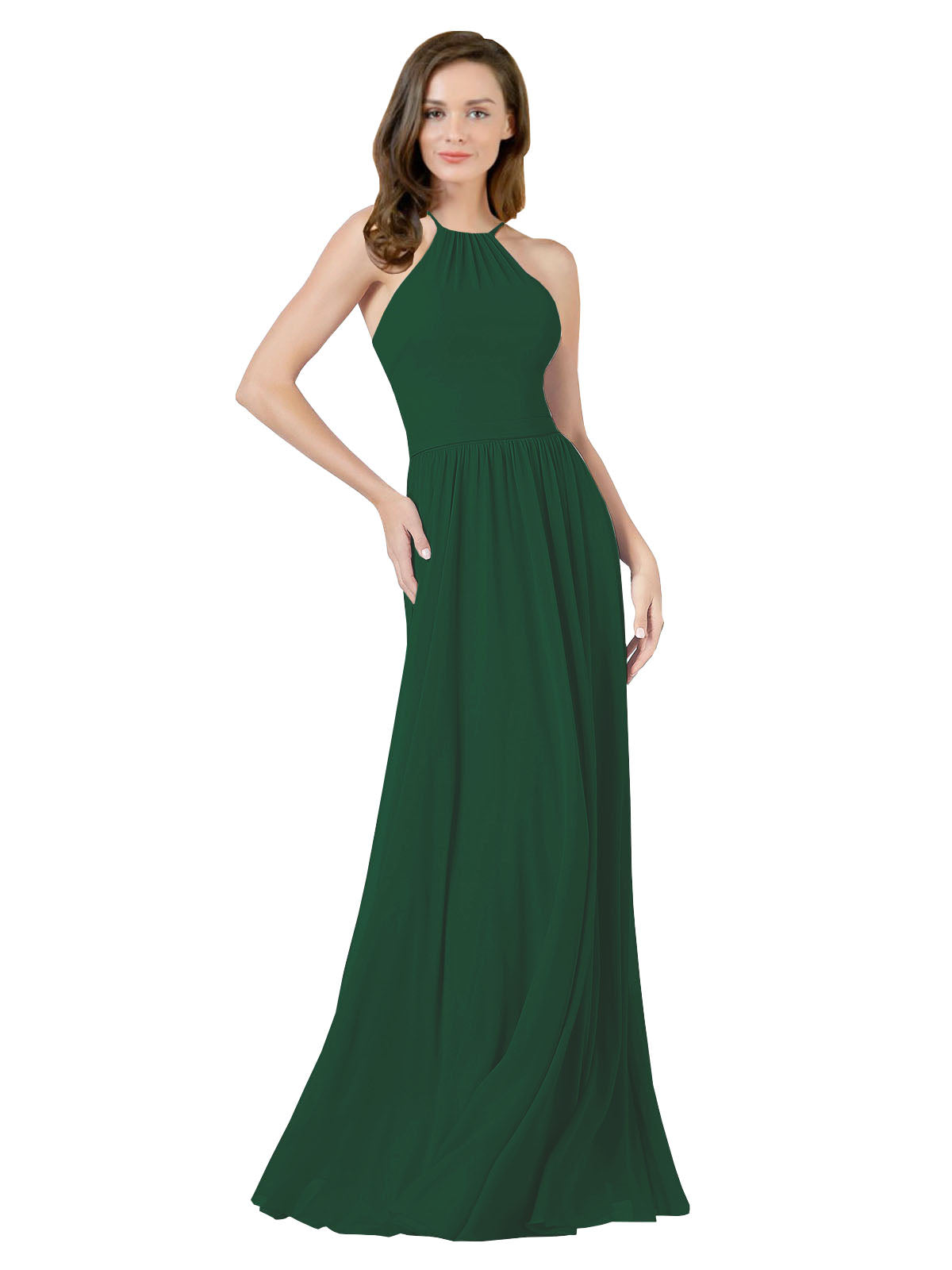 Dark Green A-Line Halter Sleeveless Long Bridesmaid Dress Anum