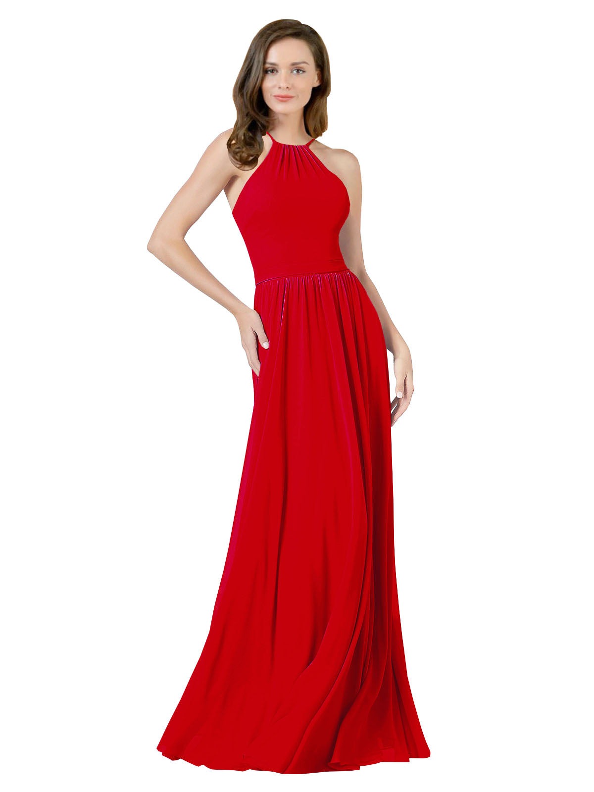 Dark Red A-Line Halter Sleeveless Long Bridesmaid Dress Anum