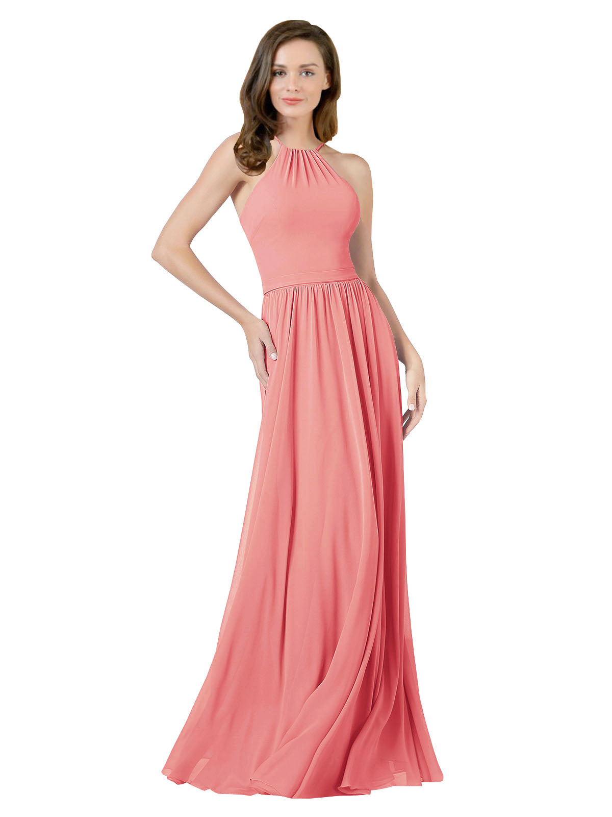 Desert Rose A-Line Halter Sleeveless Long Bridesmaid Dress Anum