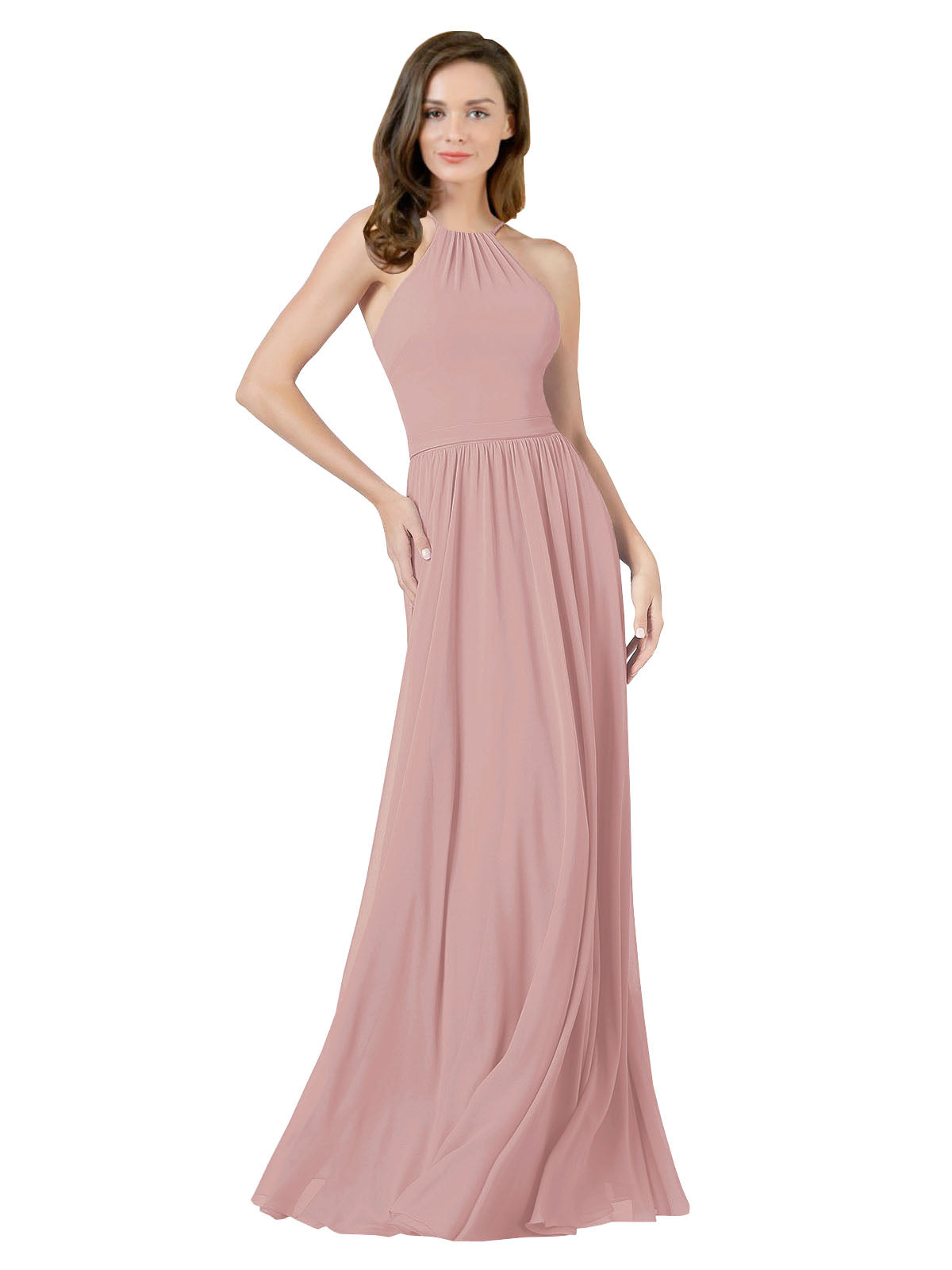 Dusty Pink A-Line Halter Sleeveless Long Bridesmaid Dress Anum